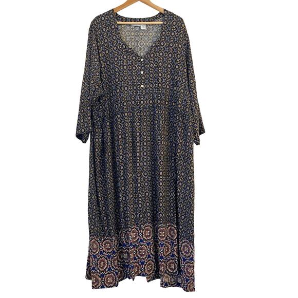 Vermont Country Store Midi Dress 3X Button Lightweight Geometric Blue Boho - Picture 1 of 11